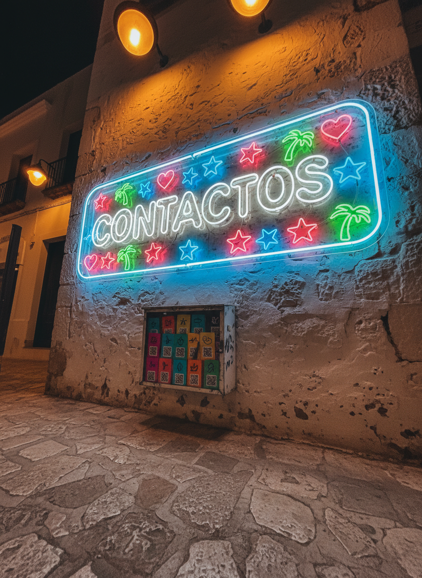 A stylish, illuminated Ibiza street sign at night, mounted on a whitewashed wall with subtle texture, the sign reading “CONTACTOS” in bold, playful lettering surrounded by tiny neon icons of hearts, stars, and palm trees. Below, a small metal box holds neatly stacked, brightly colored contact cards stamped only with symbols and QR codes, no images. Warm streetlights cast soft, golden pools on the cobblestone ground, while cool blue neon edges the sign, creating a vibrant contrast. Photographic realism, low-angle composition to emphasize the sign, with a lively yet discreet atmosphere that captures the nightlife classifieds spirit of the island.