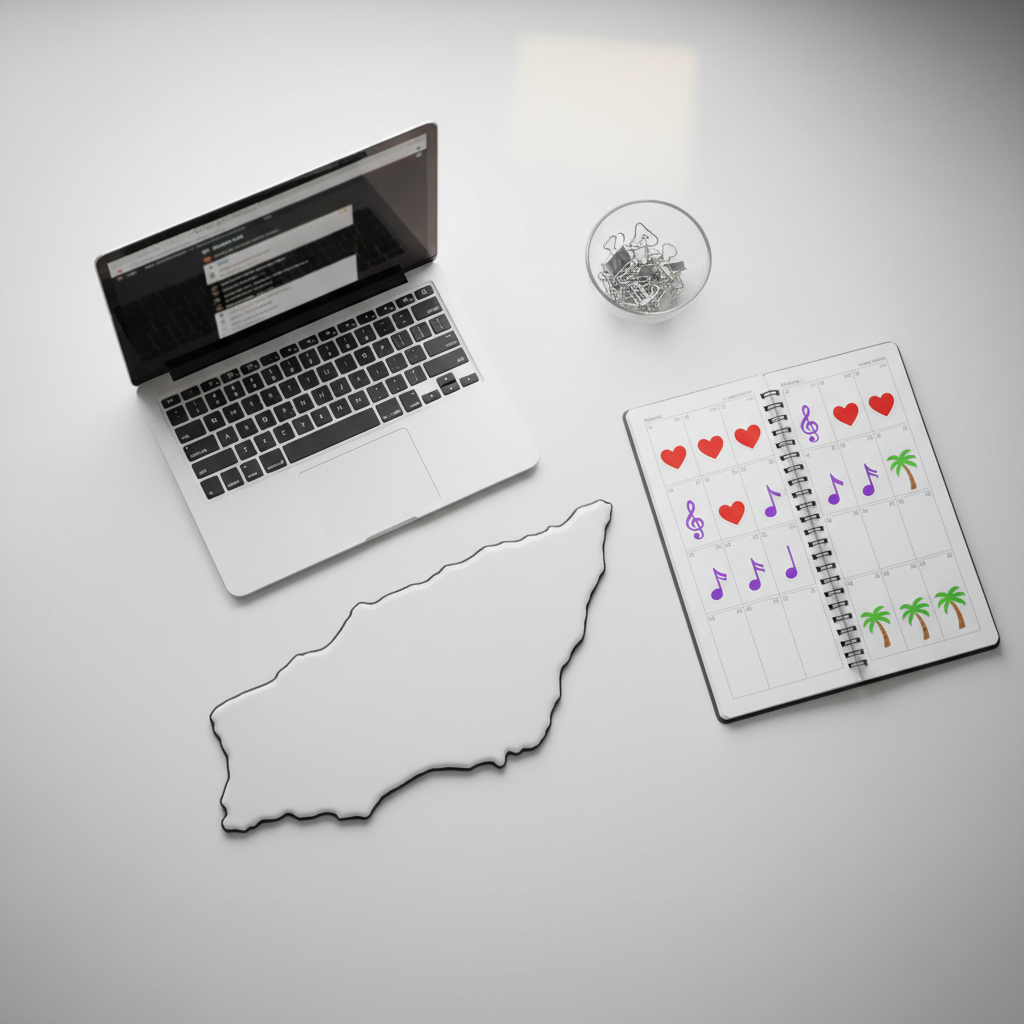 An overhead view of a minimalist white desk styled for Ibiza nightlife planning: a glossy island-shaped mousepad, a slim silver laptop displaying a blurred classifieds search page, and an open planner filled with color-coded stickers of hearts, music notes, and palm trees instead of names. A small glass bowl holds metallic paperclips shaped like hearts. Soft, diffused daylight from an unseen window creates gentle, clean shadows. Photographic realism, crisp focus with slight vignetting at the edges, evoking an organized, playful, and slightly cheeky mood, perfect for a modern Ibiza contact directory brand without featuring any people.