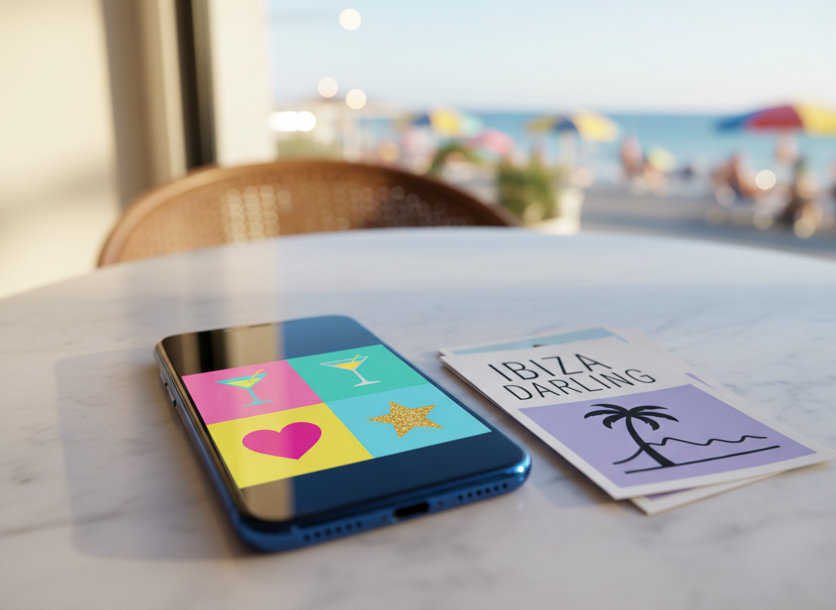 A close-up of a sleek, metallic smartphone on a round, white café table in Ibiza, its screen displaying a colorful category grid for a playful contact directory: icons of hearts, martini glasses, palm trees, and stars on bold, candy-like backgrounds. Beside it, a small stack of glossy, branded “IBIZA DARLING” flyers fans out, with minimalist typography and island silhouettes, no people. Soft afternoon sunlight streams through a nearby window, creating gentle highlights and circular bokeh from distant beach umbrellas. Photographic realism, slightly elevated angle, shallow depth of field, conveying a light-hearted, vacation-ready mood focused on discovery and connections.