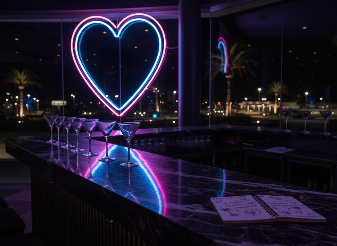 A neon-lit, heart-shaped light sign glowing in bright pink and electric blue, mounted above a polished bar counter made of dark, veined marble. The bar surface holds a row of empty, elegant cocktail glasses and a small, open notebook filled with handwritten phone numbers and playful doodles of palm trees and stars, no names visible. The background is a soft-focus Ibiza nightscape through a large window, sprinkled with colorful bokeh lights. Dramatic low-key lighting with the neon as the main source, creating glossy reflections on the marble. Photographic realism, shot at a three-quarter angle, with an atmosphere that feels flirty, nocturnal, and enticing without any human presence.