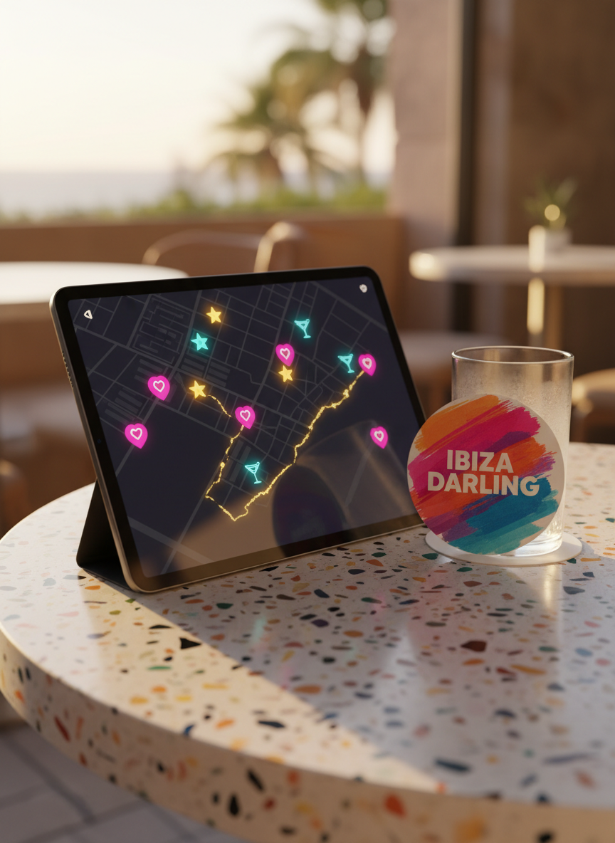 A sleek, dark-mode tablet resting on a terrazzo café table, its luminous screen showing a playful Ibiza map covered in animated-looking icons of hearts, stars, and cocktails to represent contact listings instead of photos. Next to it, a colorful coaster with the “IBIZA DARLING” logo leans against a frosted, empty glass, condensation ring still visible on the tabletop. Golden hour sunlight washes in from the side, picking up the flecks in the terrazzo and creating soft, elongated shadows. Photographic realism, three-quarter angle, shallow depth of field, giving a vibrant, sunset-on-the-island atmosphere that feels fun, digital, and discreet.