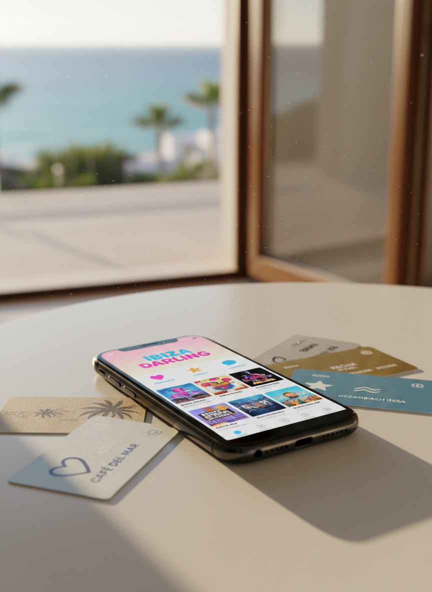 A glossy black smartphone lying on a pristine white hotel bedside table in Ibiza, its screen glowing with a vibrant, playful “IBIZA DARLING” classifieds homepage. Around it, colorful business cards and sleek metallic keycards from various Ibiza venues fan out, showing icons of hearts, stars, and discreet contact symbols instead of faces. Warm, golden evening light spills in through a nearby balcony door, catching hints of turquoise sea in the bokeh background. Photographic realism, shot from a slightly elevated angle with shallow depth of field, creating a lively yet polished mood that suggests easy, fun connections across the island without ever showing people.