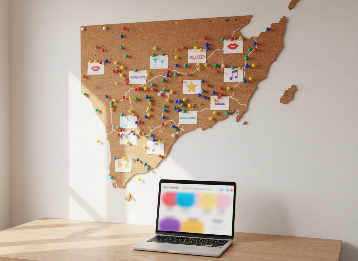 A large, vertical corkboard map of Ibiza mounted on a smooth white wall, covered in glossy, color-coded pins and small printed cards labeled with playful category icons like lips, cocktails, and stars instead of photos. A sleek silver laptop rests open on a light oak desk below, showing a blurred, colorful directory interface. Soft daylight filters through a nearby window, casting gentle shadows and giving the scene a relaxed Mediterranean feel. Photographic realism, eye-level composition, sharp focus on the textures of cork, paper, and metal, evoking an organized, fun, and discreet contact directory for the island.